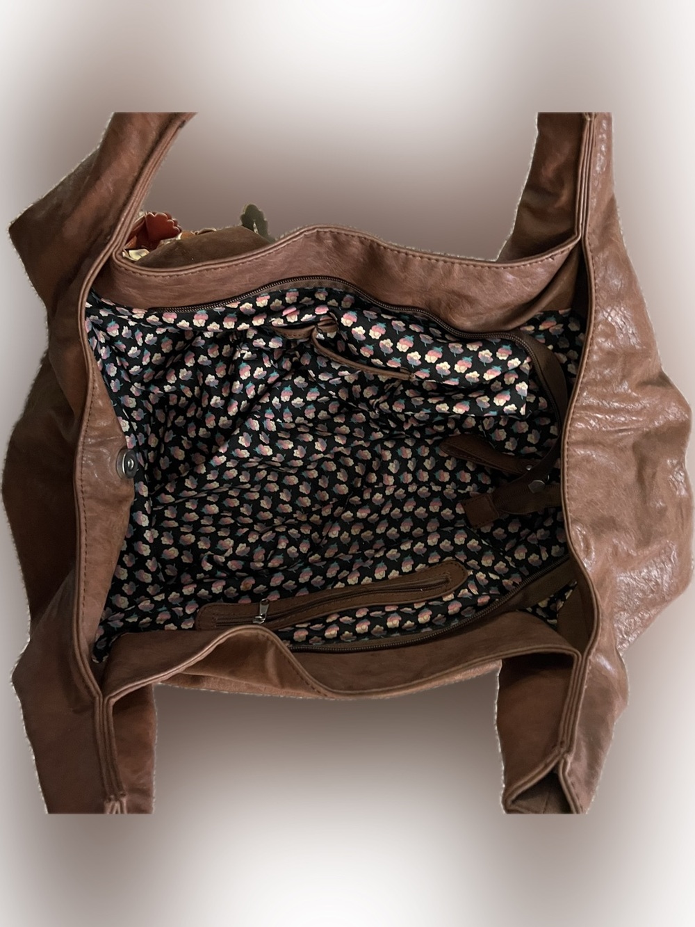 Brown fake Leather Tote with Pink & Purple Floral Appliqué - Picture 2 of 4